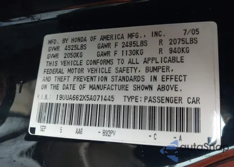 2005 Acura Tl из США, поврежденный, VIN 19UUA662X5A071445